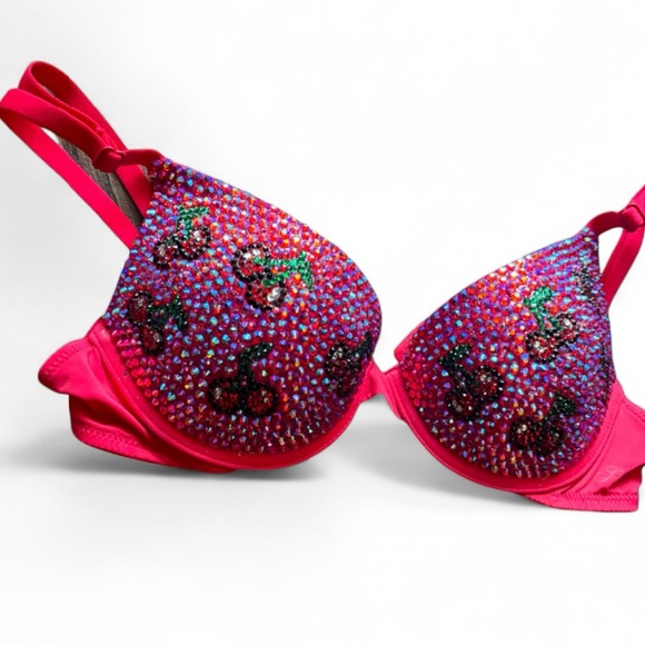 Cherry Design Dark Siam AB Red & Green Rhinestone Glam Bling Bra Top All Sizes - Picture 3 of 12